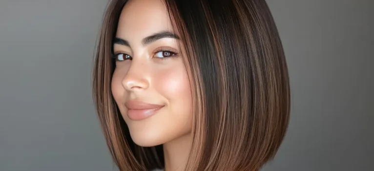 A woman getting a shoulder length haircut.