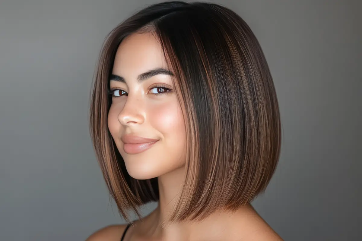 A woman getting a shoulder length haircut.